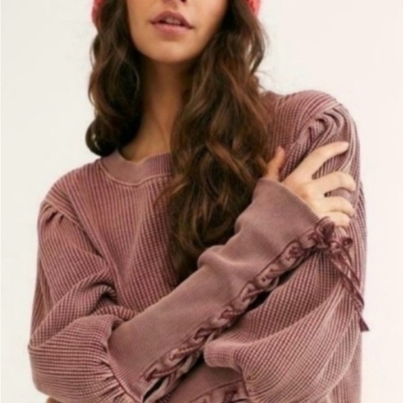 Free People Tops - Free People Tasha Pink Blush Thermal Waffle Pullover Top Size Medium Long Sleeve